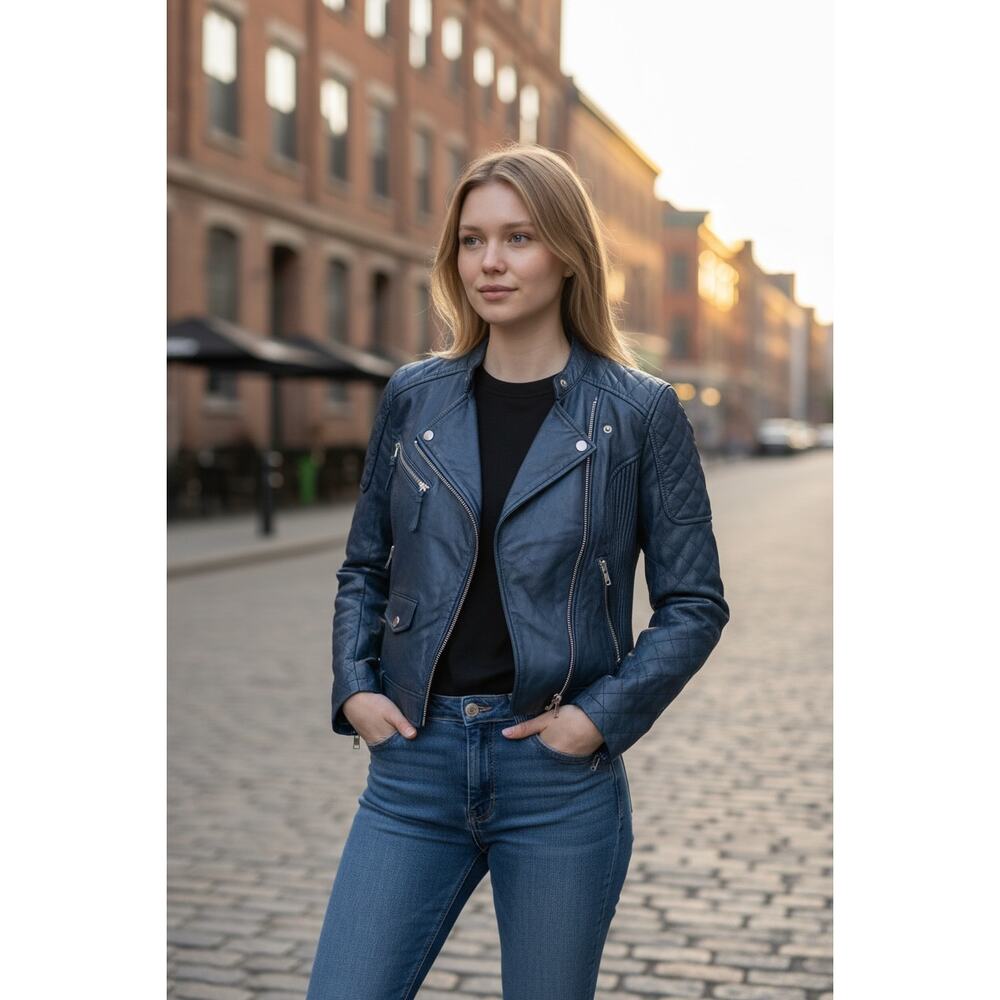 First Classic Women's Leather Black Quilted Moto Jacket Silver Hardware Size L